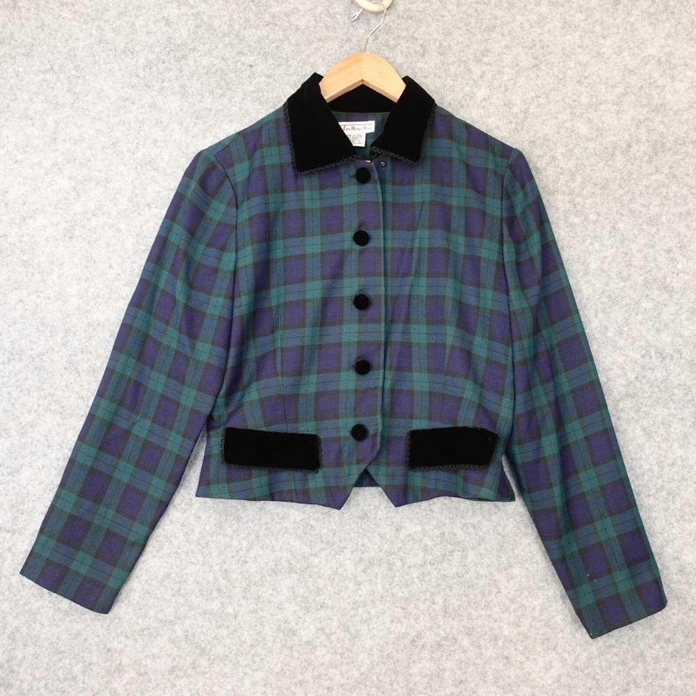 Vintage Talbots Crop Jacket 8 M Navy Green Tartan Victorian Academia Blazer